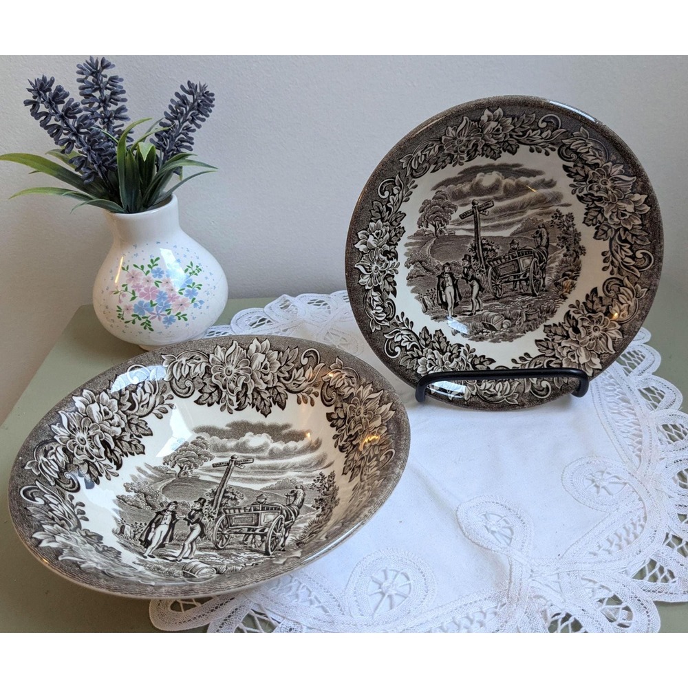 Vintage English Ironstone Soup Bowls, Brown Transferware Staffordshire‎ Bowls